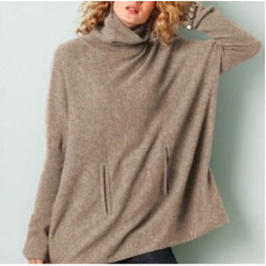 Garnet Hill Tan Cashmere Wool Oversized Kangaroo Pocket Turtleneck Sweater